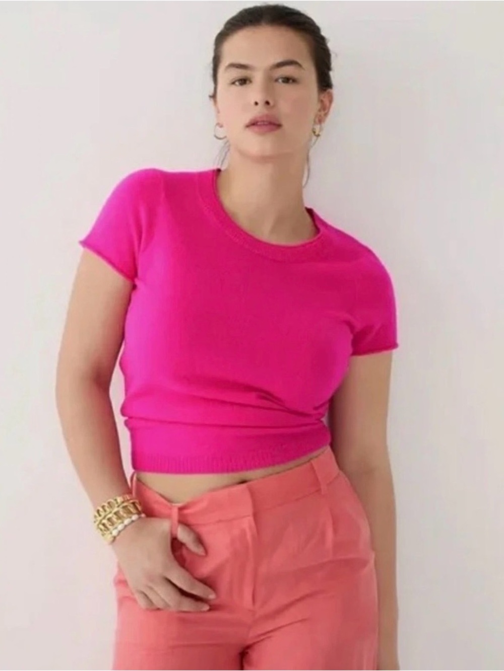 J. Crew Hot Pink Cashmere Short Sleeve Crew Neck Sweater Size Medium NWOT